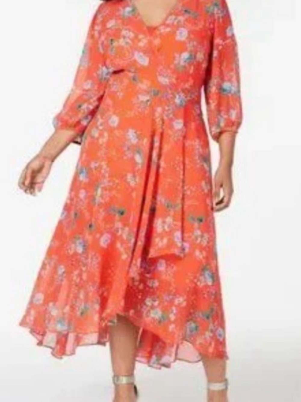 Calvin Klein Bright Orange Floral Wrap Maxi Dress